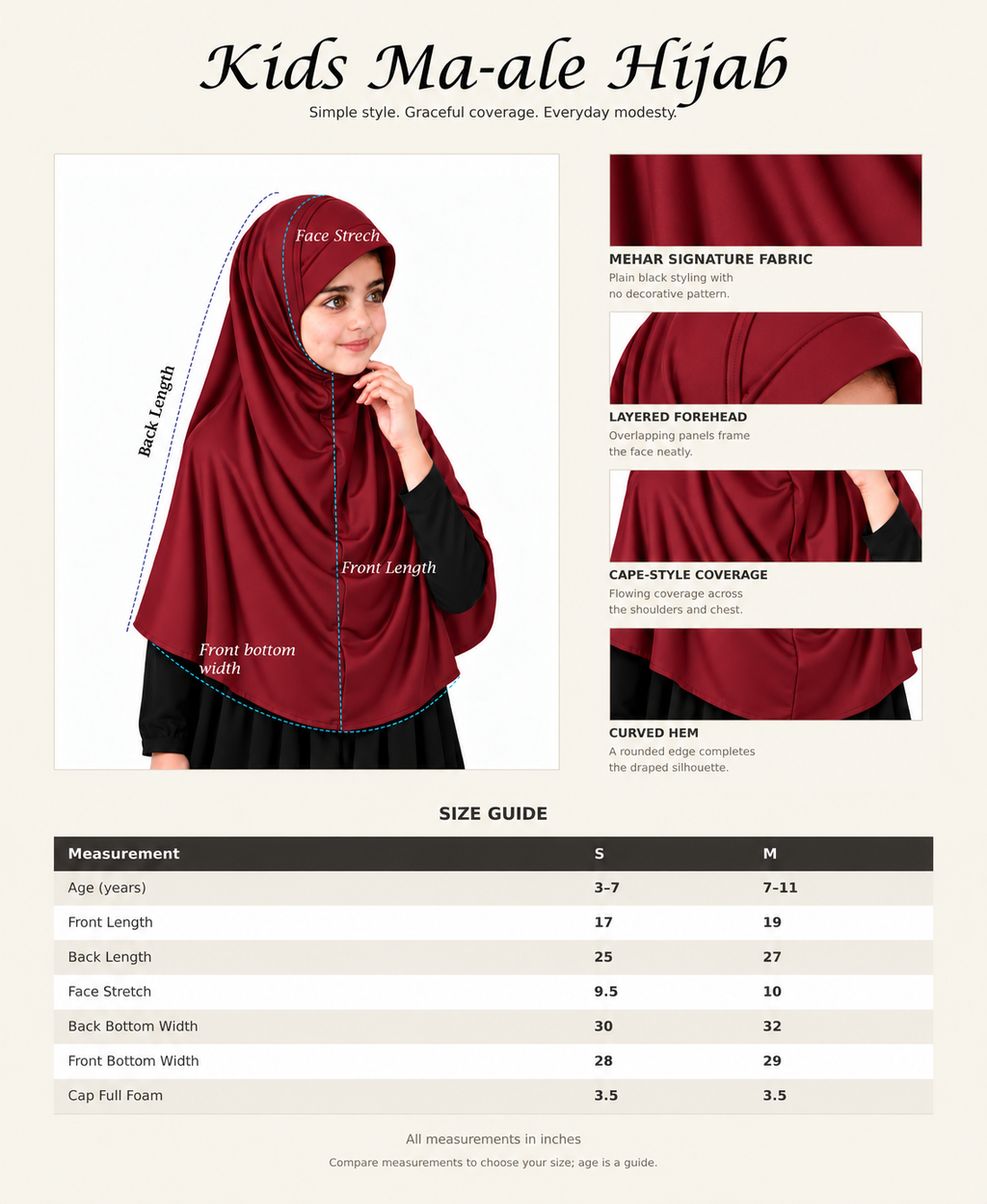 MEHAR Ma-ale Hijab for Girls - Polycotton, Ready-to-Wear