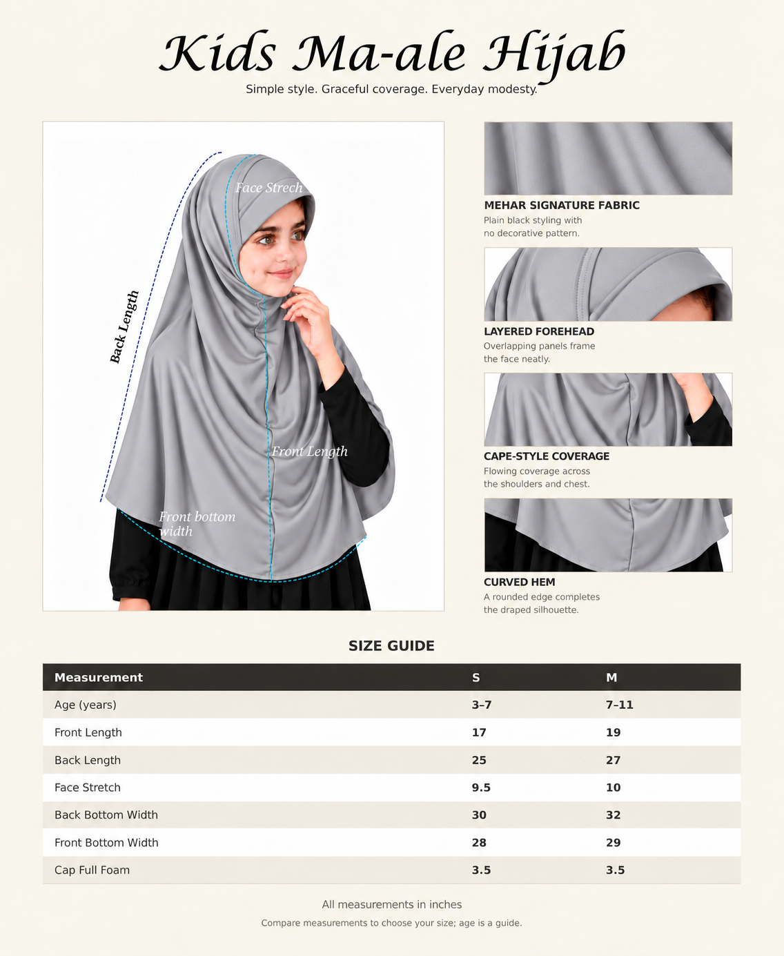 MEHAR Ma-ale Hijab for Girls - Polycotton, Ready-to-Wear