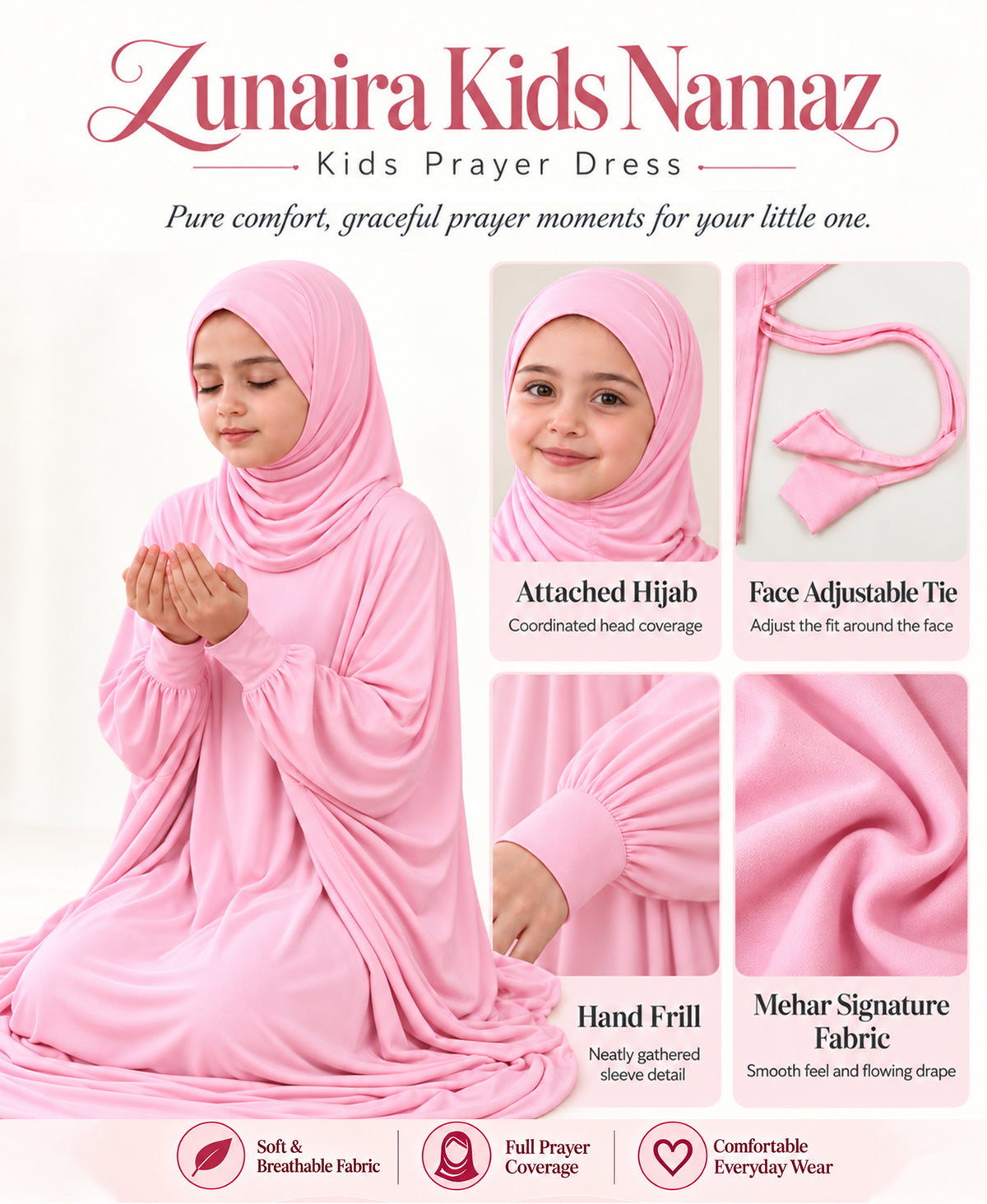 Mehar Zunaira kids namazi prayer dress for girls in Orchid Pink, view 8