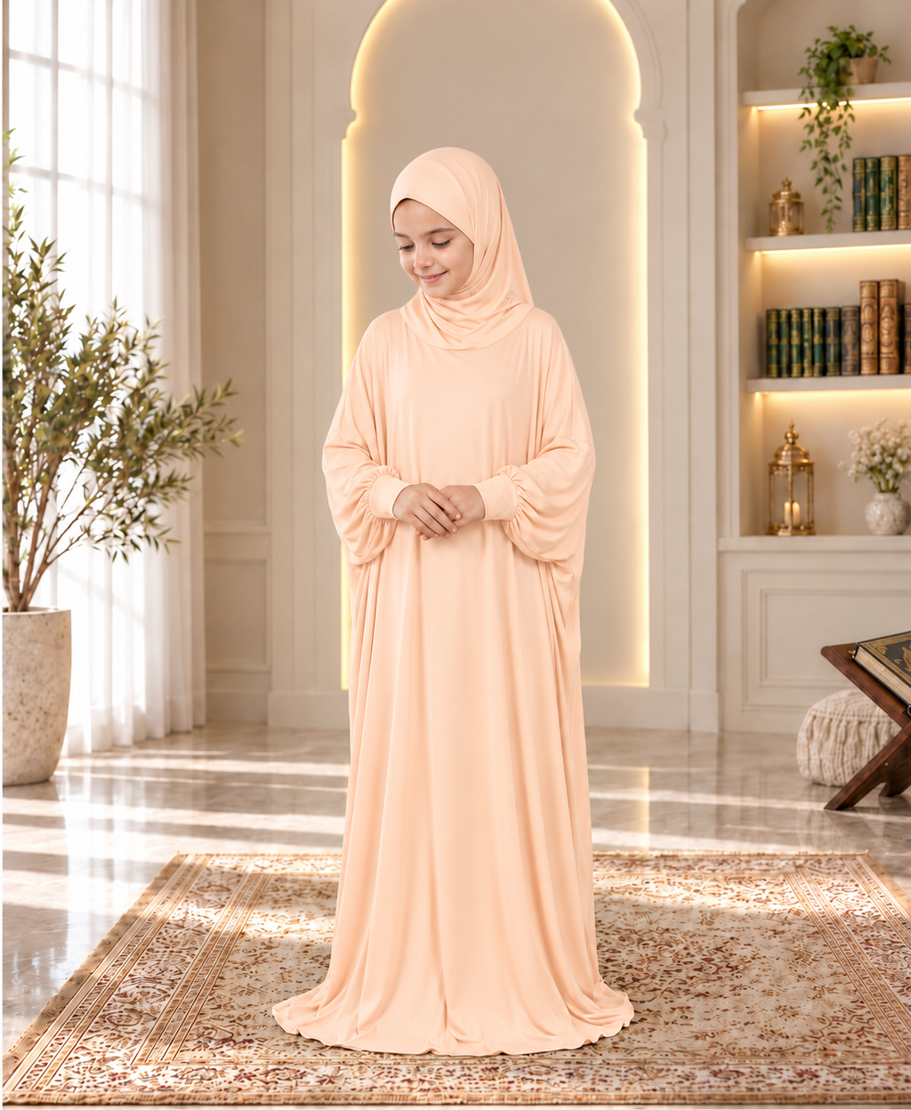 Mehar Zunaira kids namazi prayer dress for girls in Peach, view 1