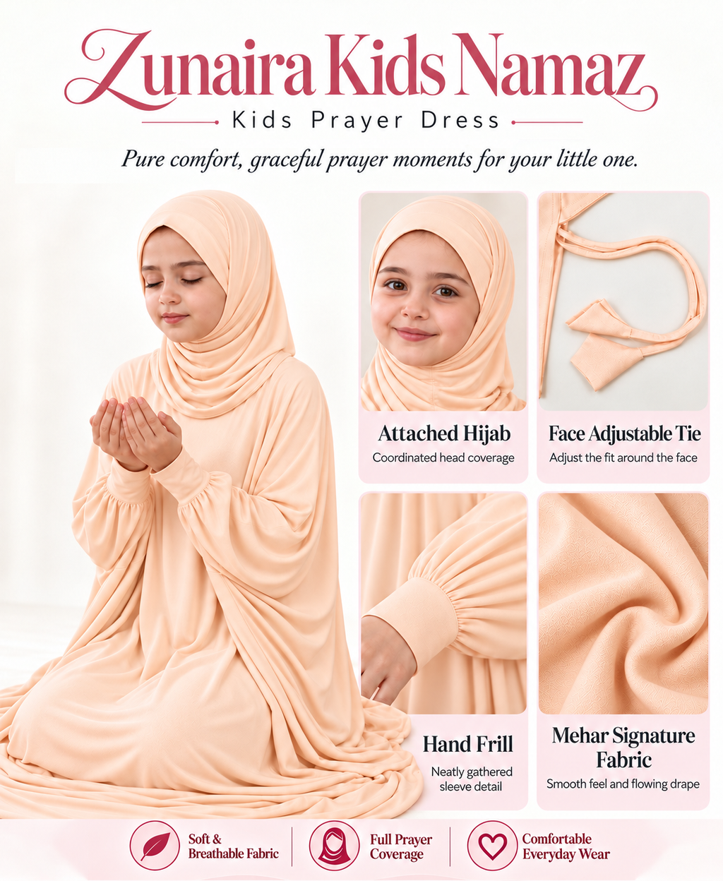 Mehar Zunaira kids namazi prayer dress for girls in Peach, view 6