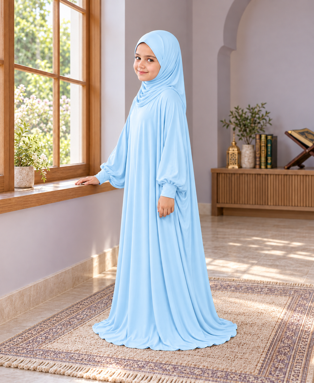 Mehar Zunaira kids namazi prayer dress for girls in Sky Blue, view 3