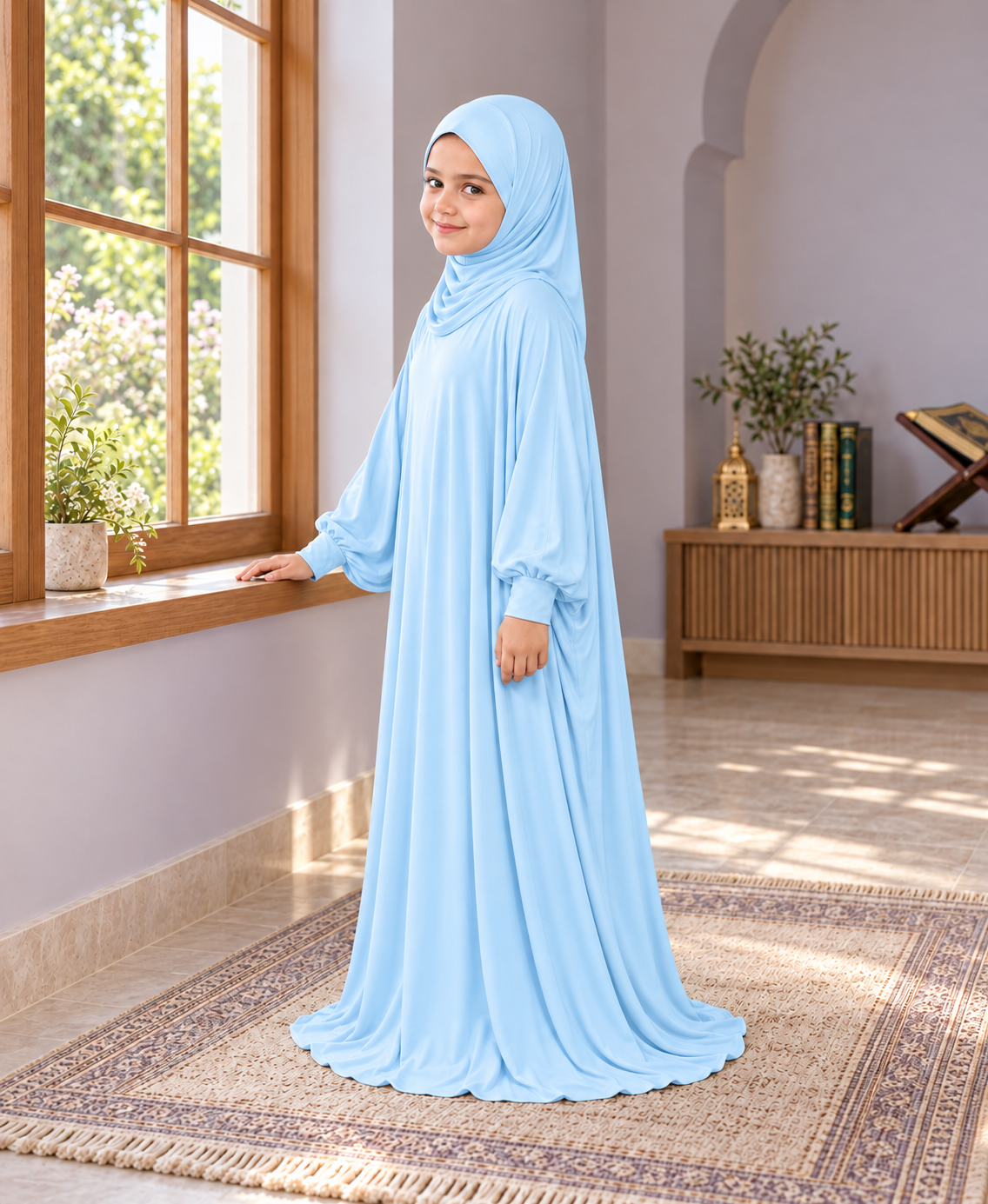 Mehar Zunaira kids namazi prayer dress for girls in Sky Blue, view 3