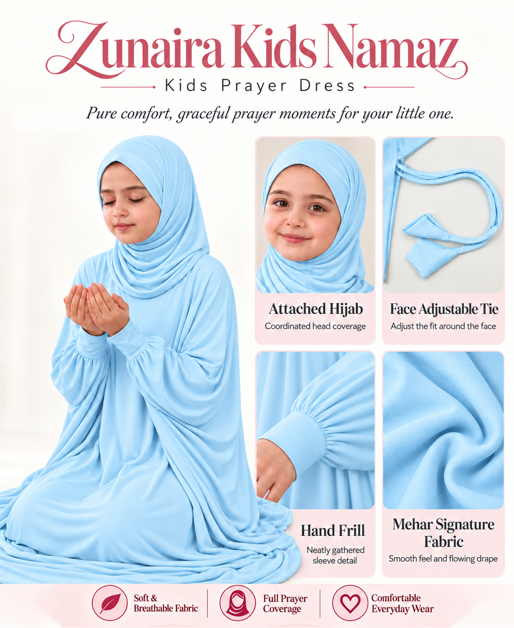 Mehar Zunaira kids namazi prayer dress for girls in Sky Blue, view 6