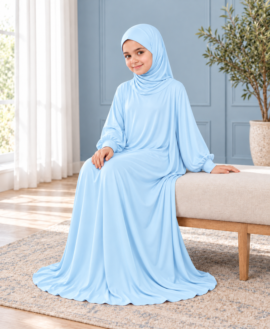 Mehar Zunaira kids namazi prayer dress for girls in Sky Blue, view 9