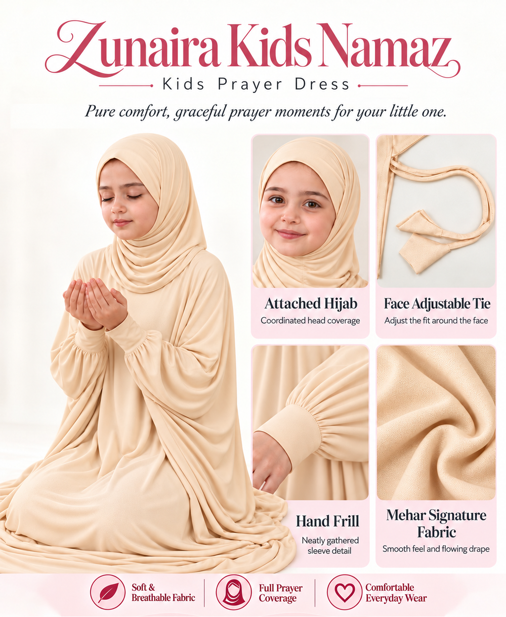 Mehar Zunaira kids namazi prayer dress for girls in Wheat, view 6