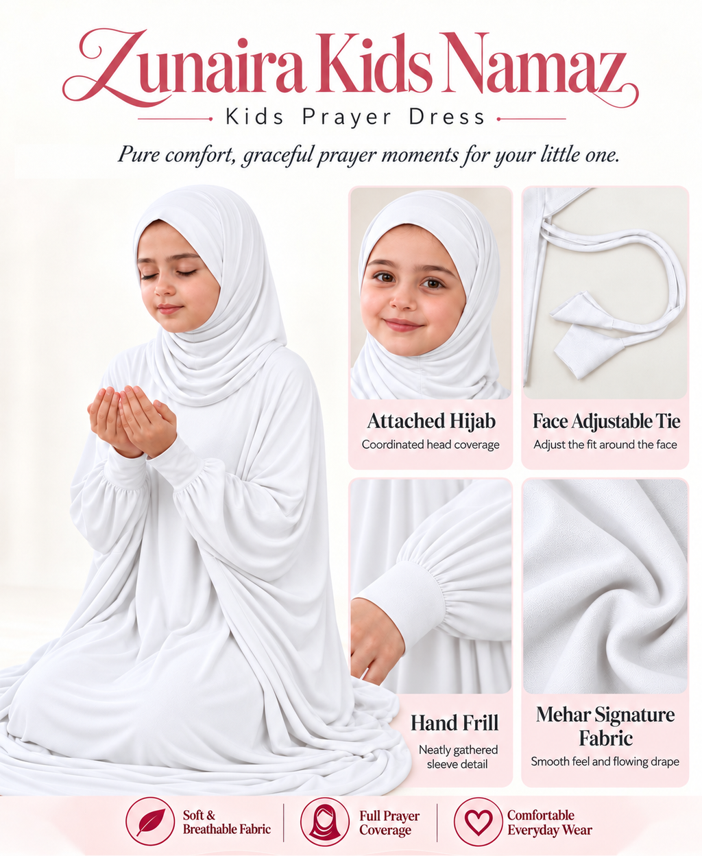 Mehar Zunaira kids namazi prayer dress for girls in White, view 6
