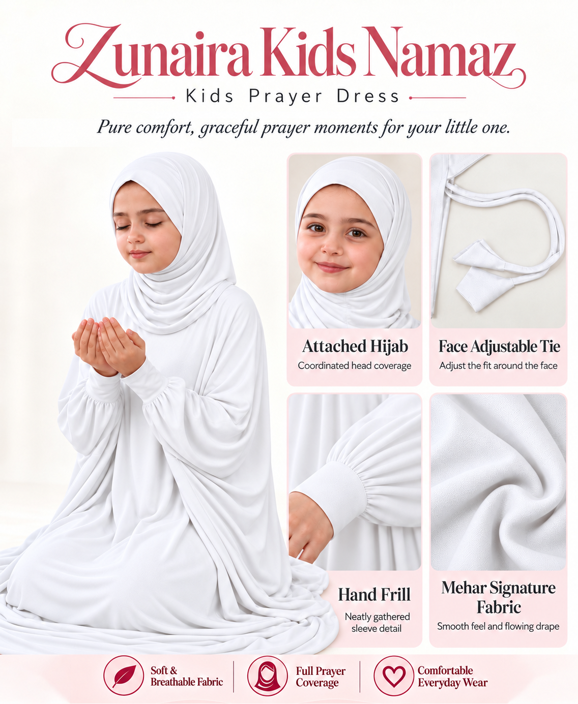 Mehar Zunaira kids namazi prayer dress for girls in White, view 6