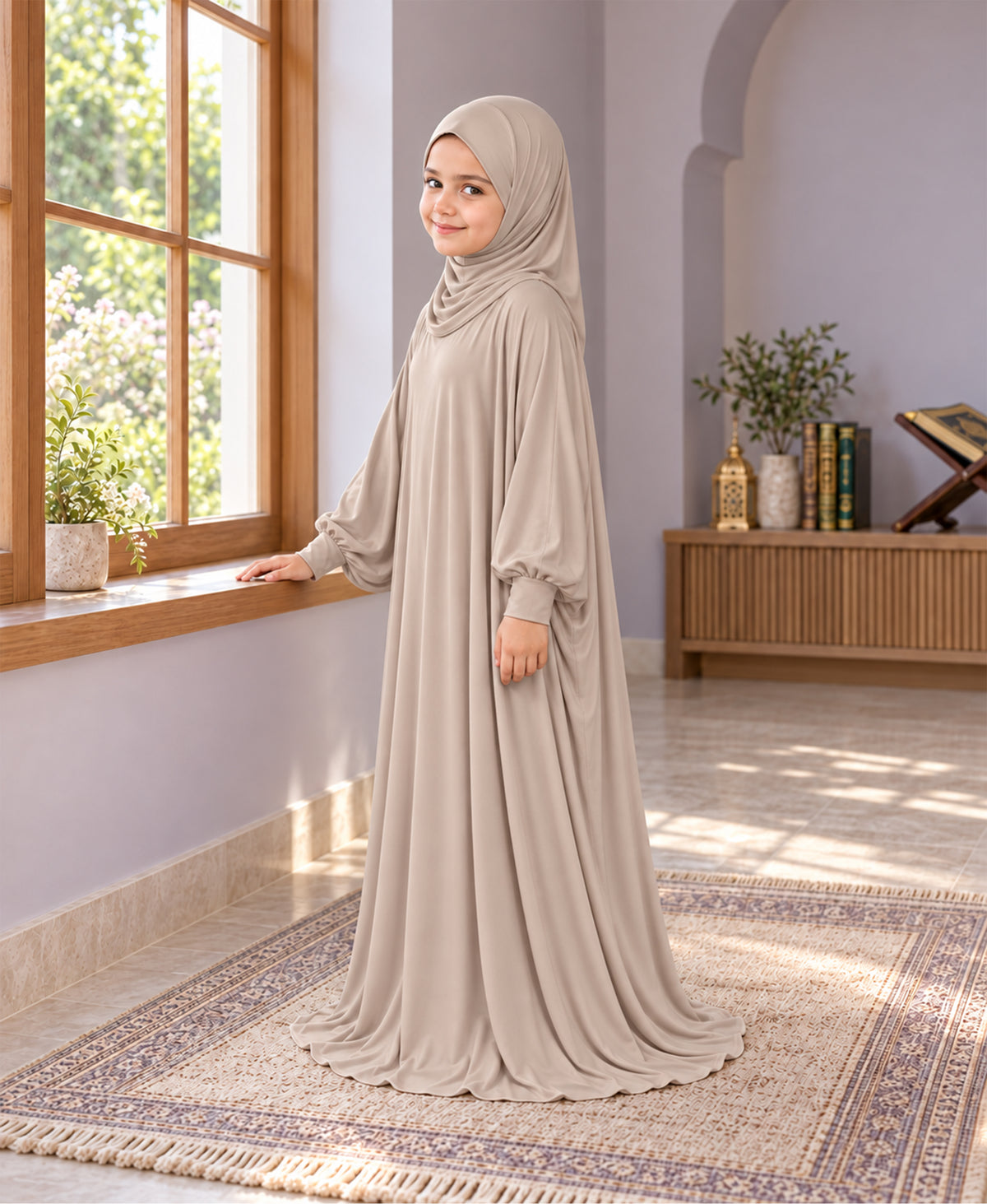 Mehar Zunaira kids namazi prayer dress for girls in Oyster Grey, view 3