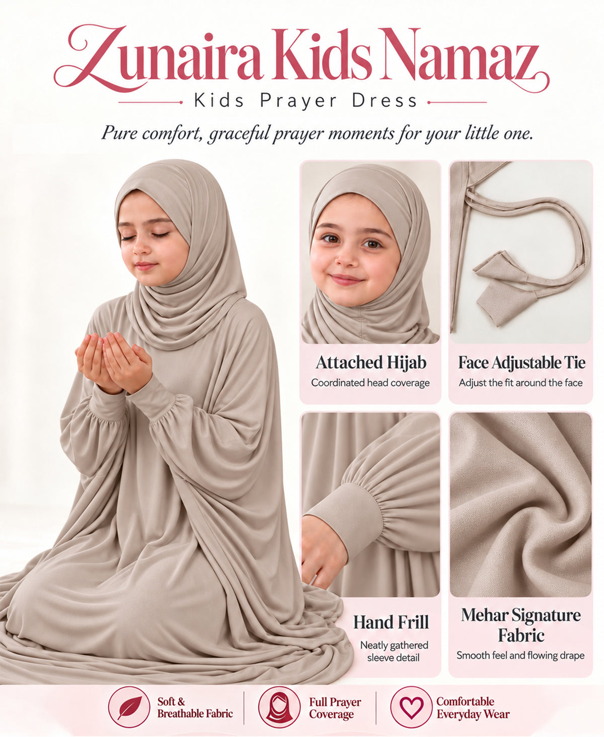 Mehar Zunaira kids namazi prayer dress for girls in Oyster Grey, view 6