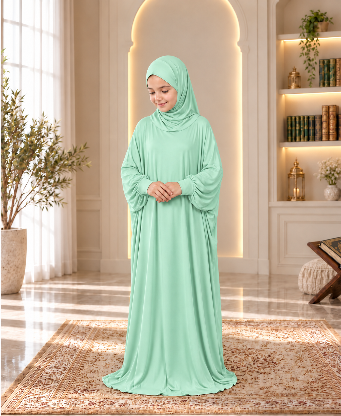 Mehar Zunaira kids namazi prayer dress for girls in Pista Green, view 1