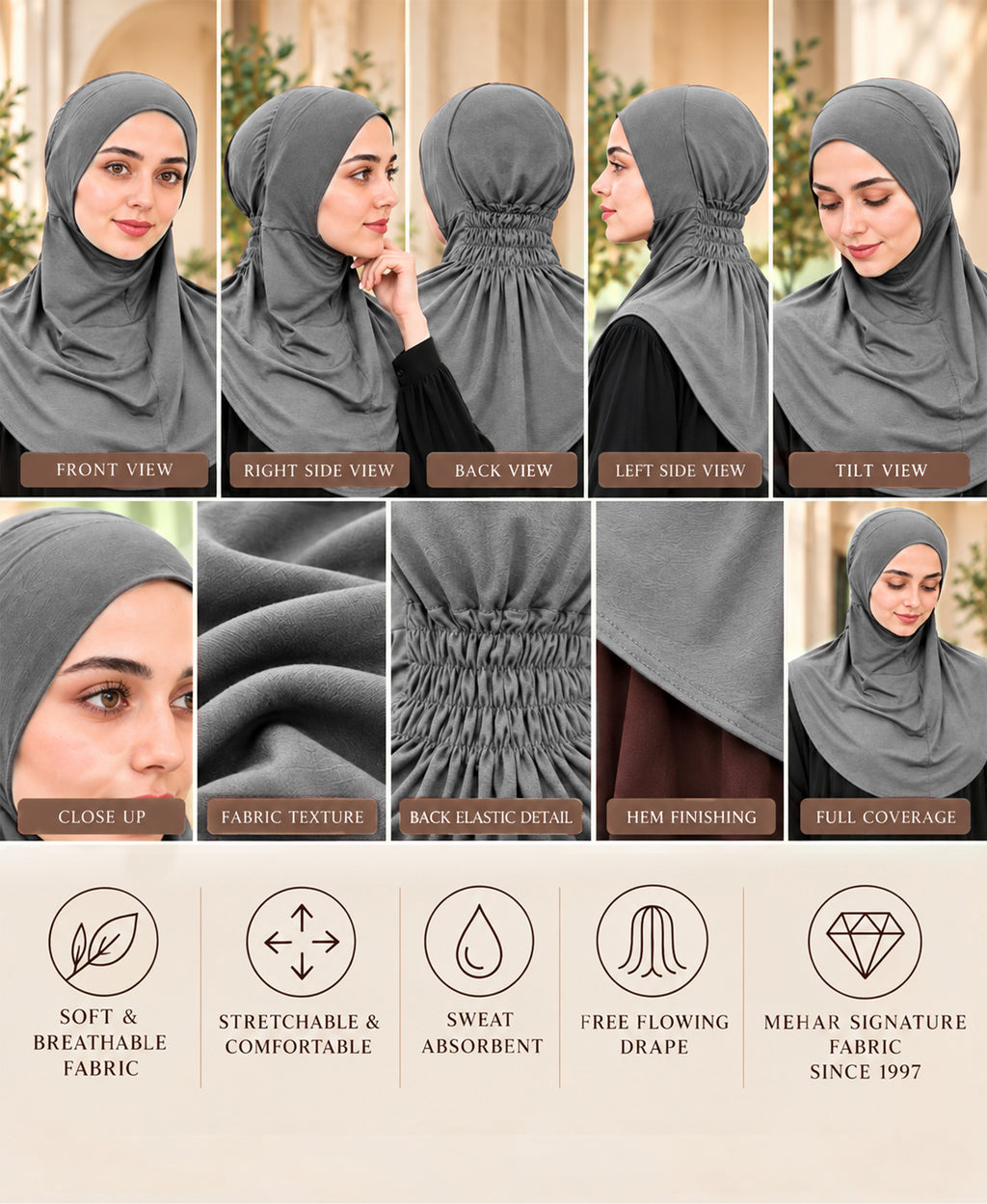 MEHAR Najla Ninja Cap for Women - Bamboo Modal Lycra, 6 Neutral Shades