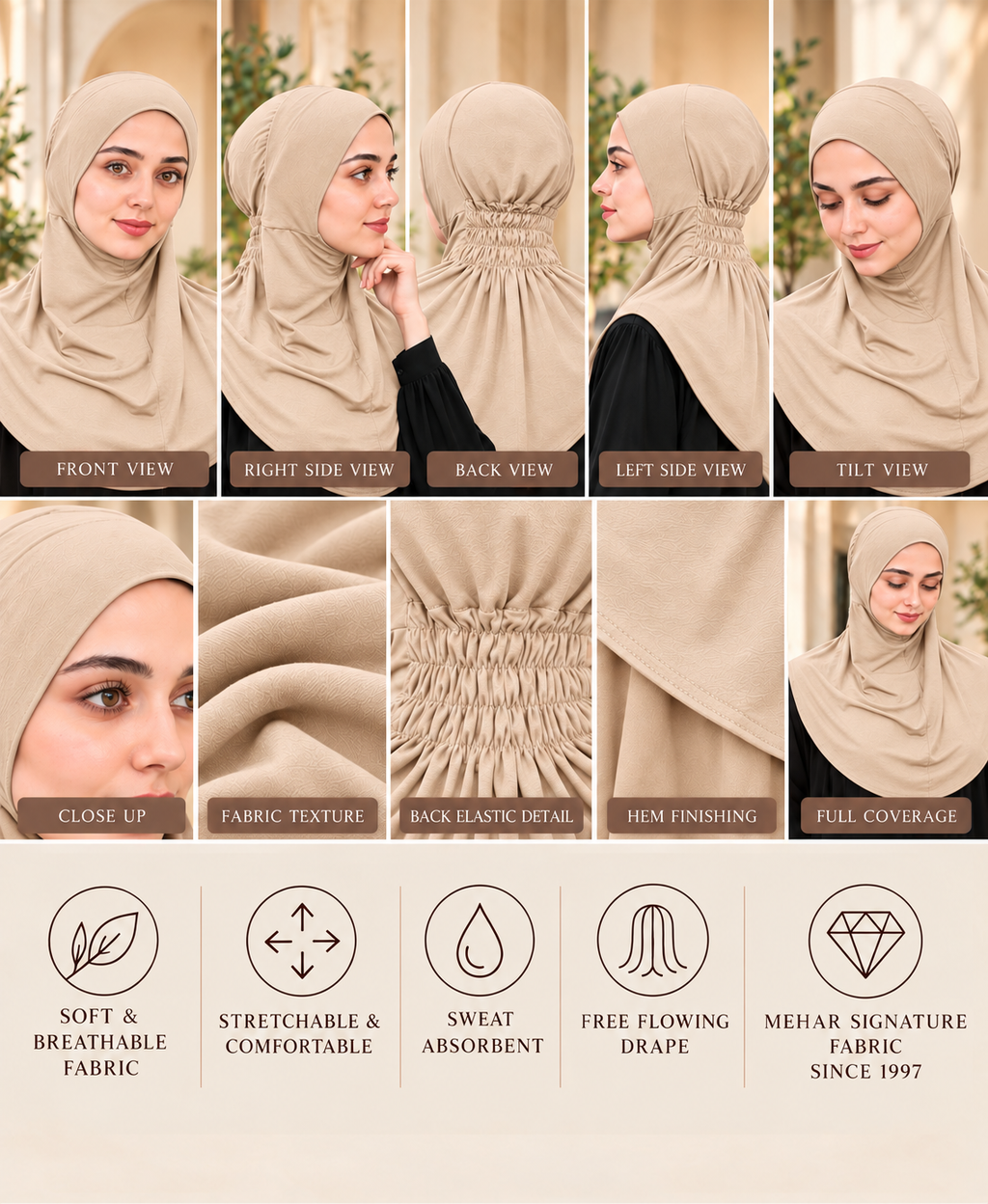 MEHAR Najla Ninja Cap for Women - Bamboo Modal Lycra, 6 Neutral Shades