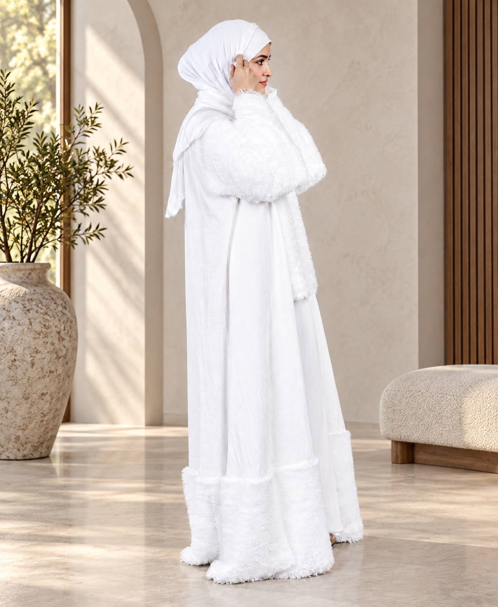 MEHAR Snowelle 3-Piece Overcoat Abaya for Women | White Open-Front Overcoat, Inner Dress & Matching Stole