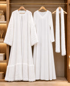 MEHAR Snowelle 3-Piece Overcoat Abaya for Women | White Open-Front Overcoat, Inner Dress & Matching Stole