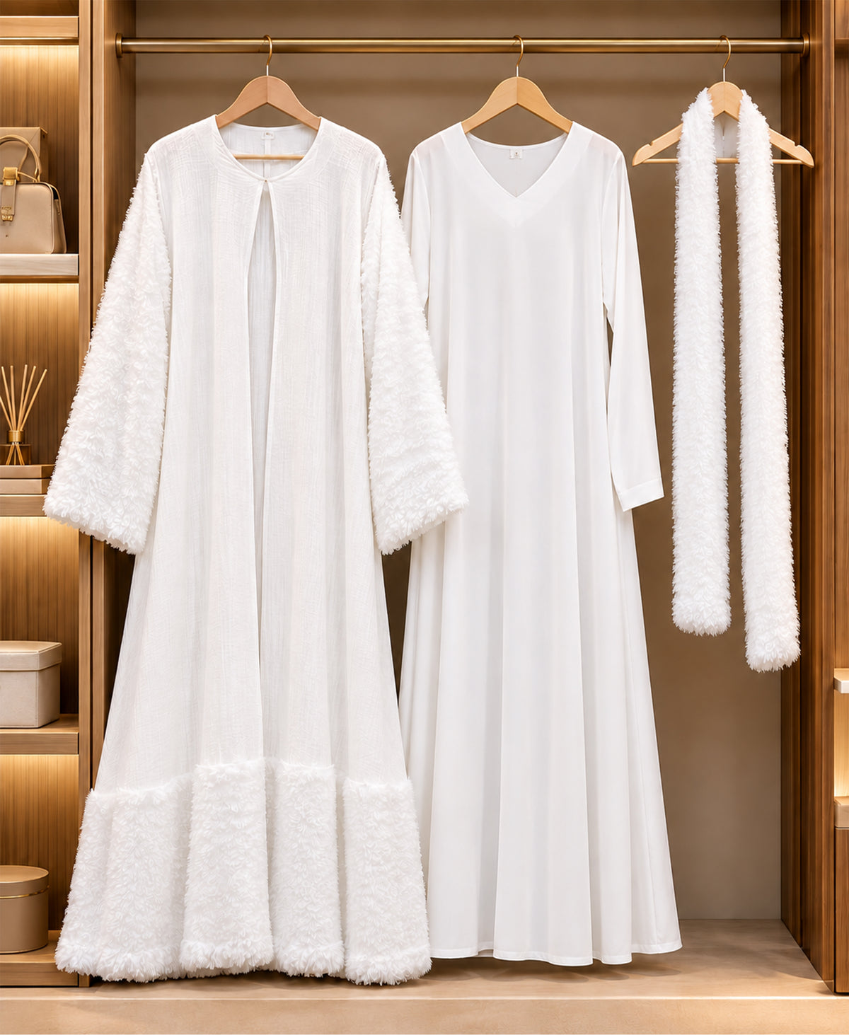 MEHAR Snowelle 3-Piece Overcoat Abaya for Women | White Open-Front Overcoat, Inner Dress & Matching Stole