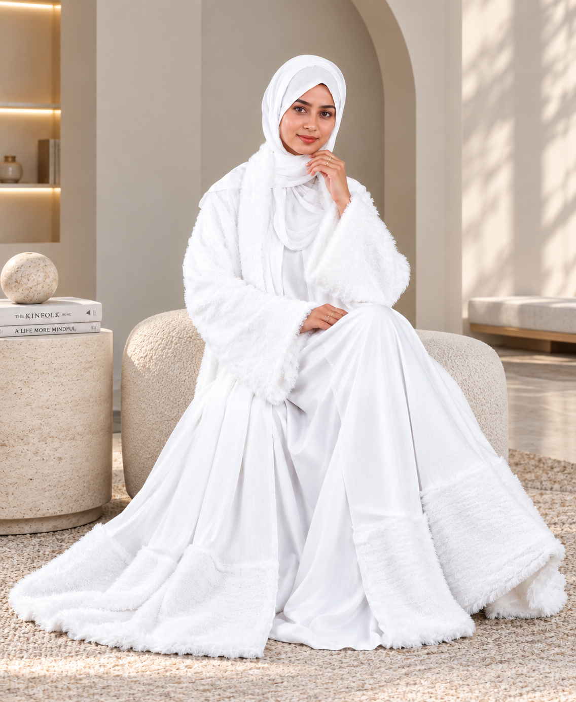 MEHAR Snowelle 3-Piece Overcoat Abaya for Women | White Open-Front Overcoat, Inner Dress & Matching Stole