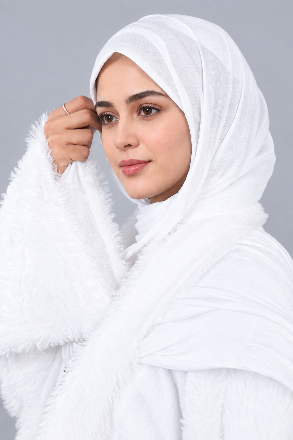 MEHAR Snowelle 3-Piece Overcoat Abaya for Women | White Open-Front Overcoat, Inner Dress & Matching Stole