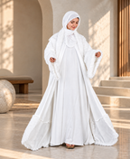 MEHAR Snowelle 3-Piece Overcoat Abaya for Women | White Open-Front Overcoat, Inner Dress & Matching Stole