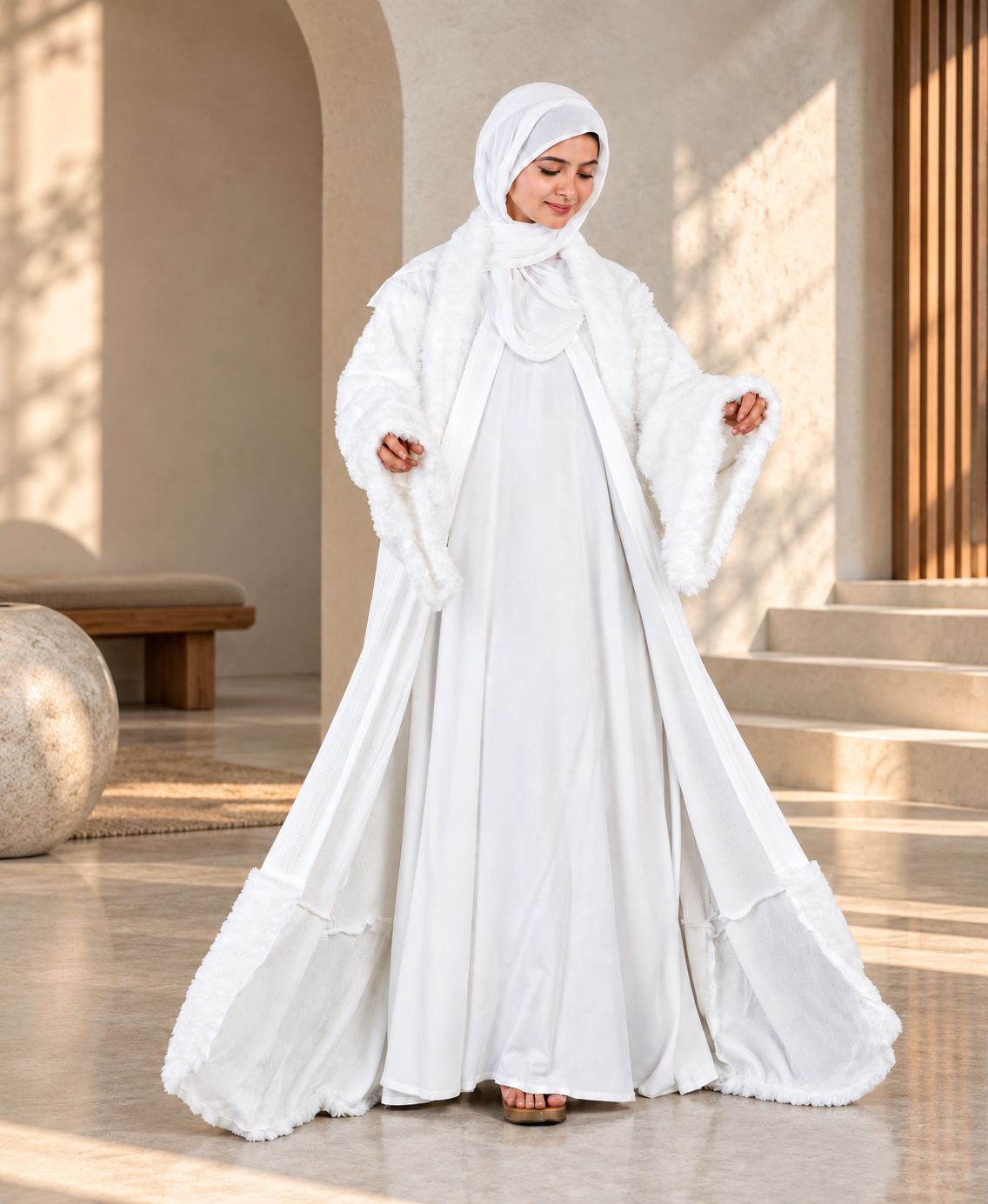 MEHAR Snowelle 3-Piece Overcoat Abaya for Women | White Open-Front Overcoat, Inner Dress & Matching Stole