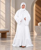 MEHAR Snowelle 3-Piece Overcoat Abaya for Women | White Open-Front Overcoat, Inner Dress & Matching Stole