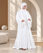 MEHAR Snowelle 3-Piece Overcoat Abaya for Women | White Open-Front Overcoat, Inner Dress & Matching Stole