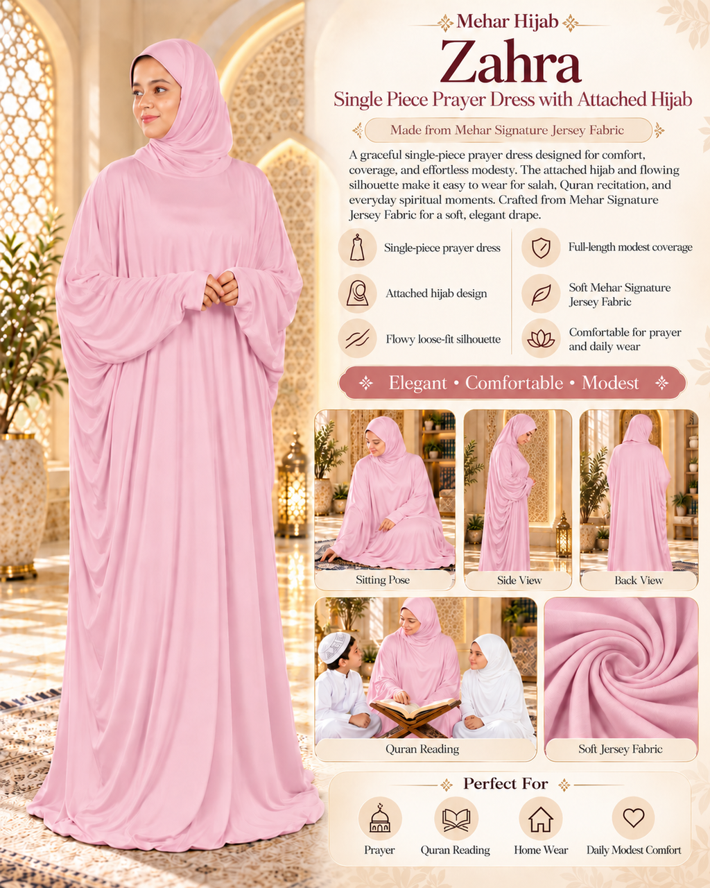 MEHAR Zahra prayer dress product details in Orchid Pink - single-piece prayer dress with attached hijab