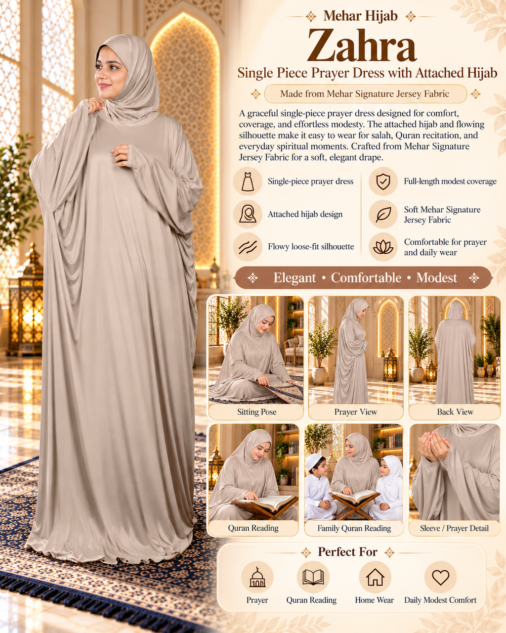 MEHAR Zahra prayer dress product details in Oyster Grey - single-piece prayer dress with attached hijab