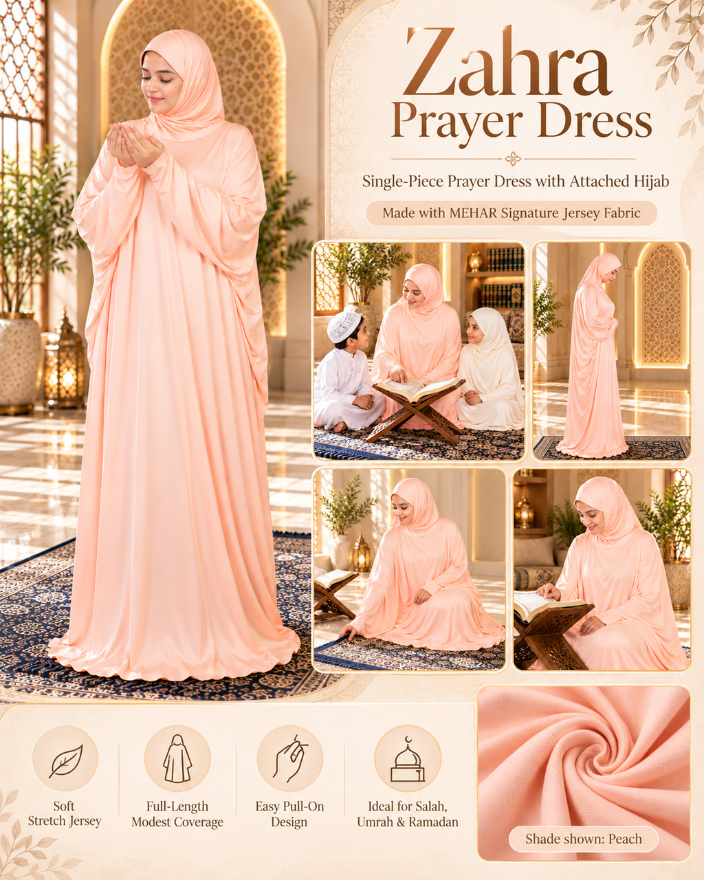 MEHAR Zahra prayer dress product details in Peach - single-piece prayer dress with attached hijab