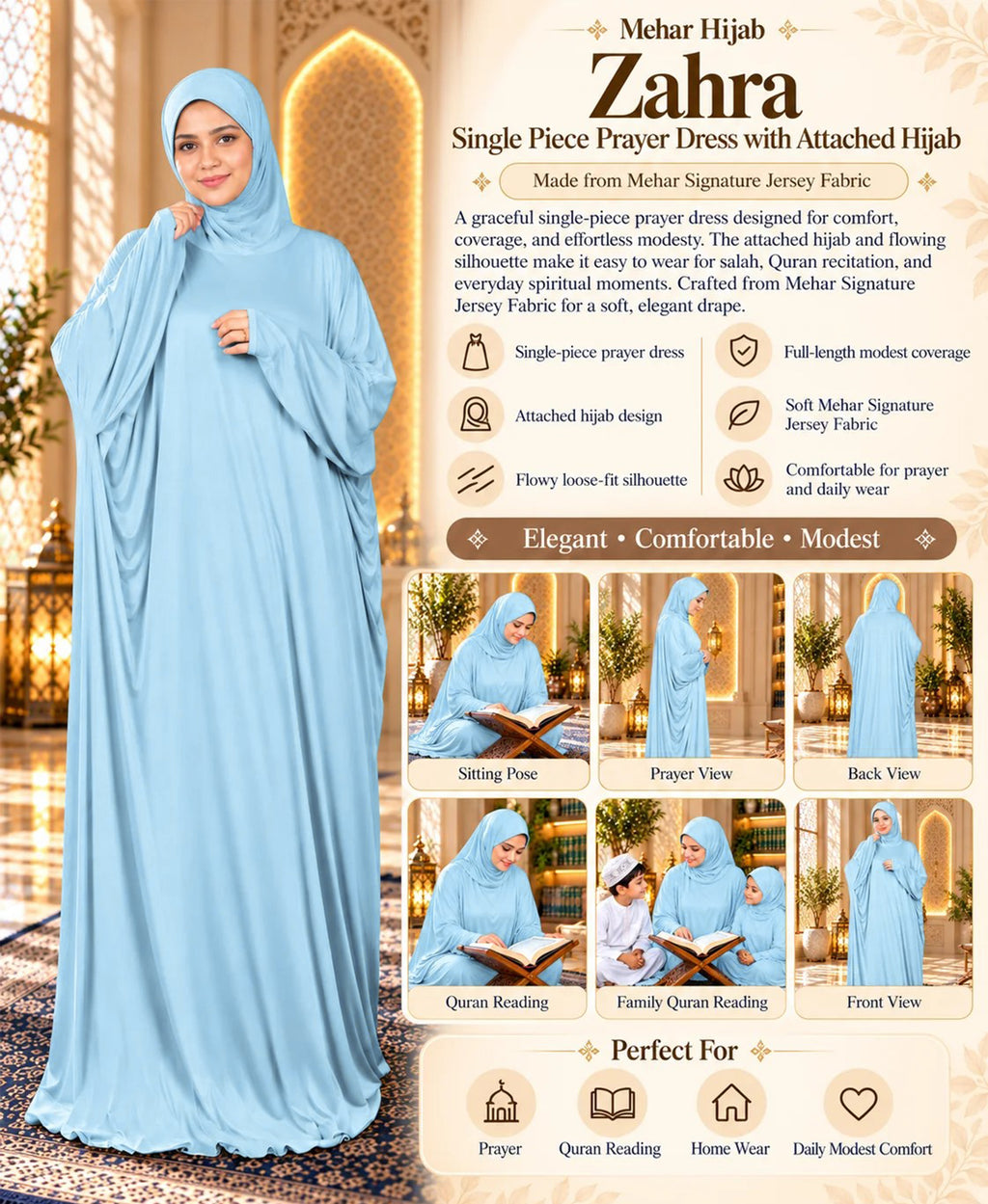 MEHAR Zahra Single-Piece Prayer Dress with Attached Hijab for Muslim Women