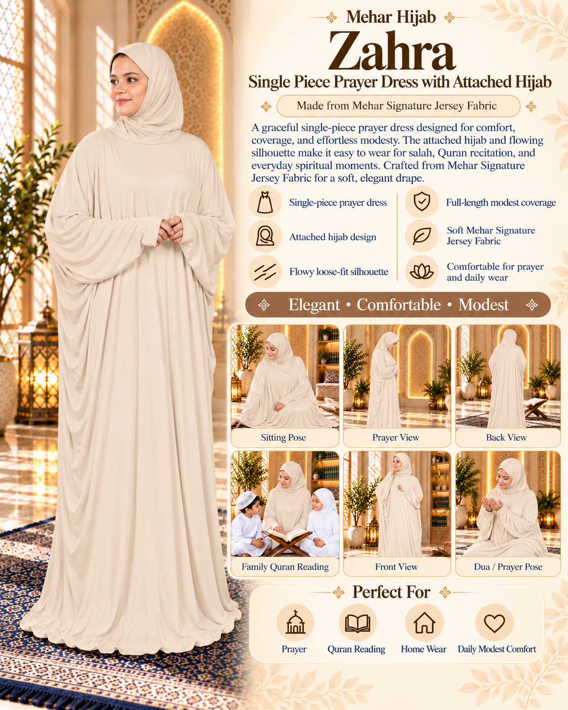 MEHAR Zahra prayer dress product details in Wheat - single-piece prayer dress with attached hijab