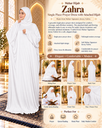 MEHAR Zahra prayer dress product details in White - single-piece prayer dress with attached hijab