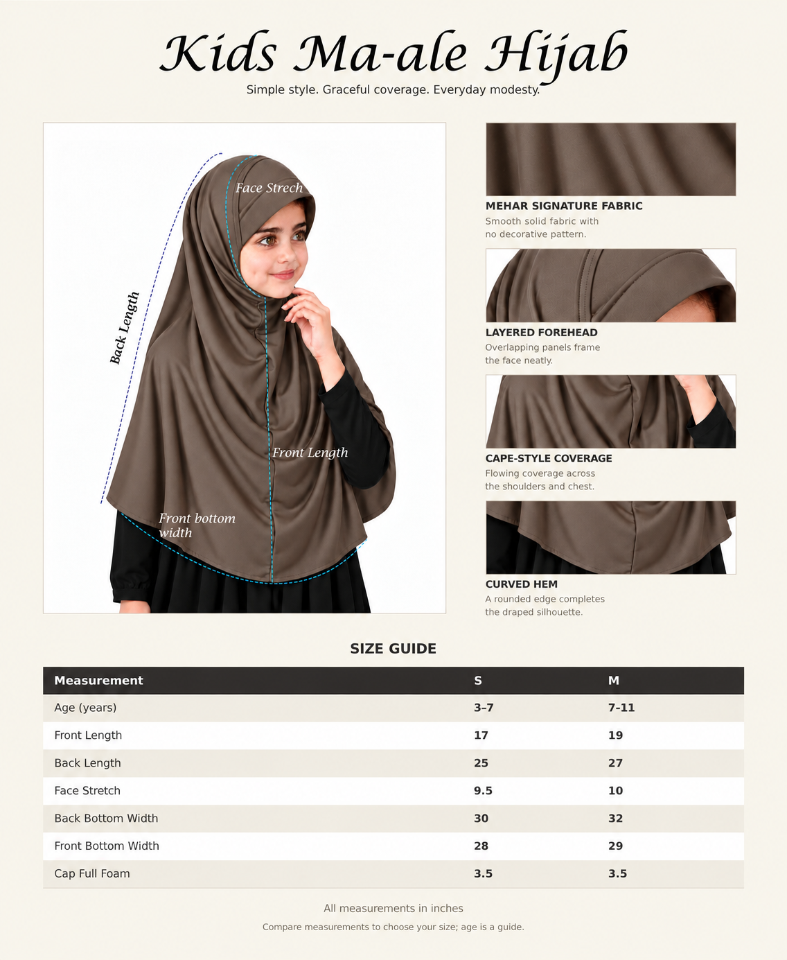 MEHAR Ma-ale Hijab for Girls - Polycotton, Ready-to-Wear